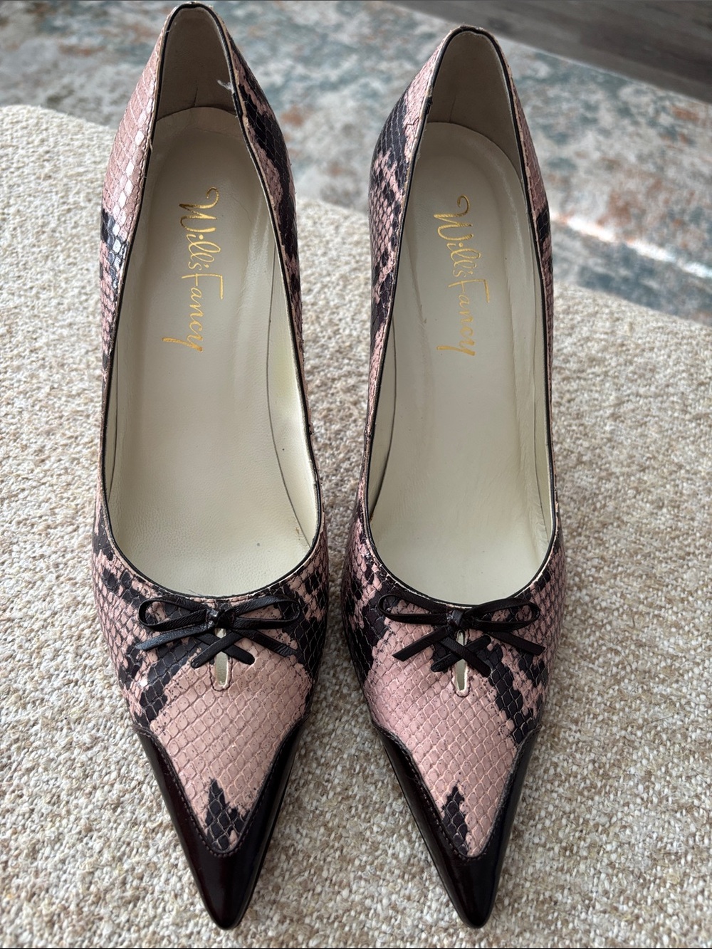 Will’s Fancy Pink-Brown Pointed Toe Snake-Print Pumps